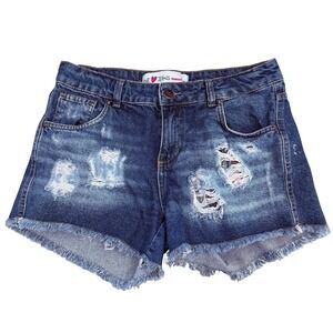 Marisa We Love Jeans Distressed Plaid Patch Denim Shorts 10 12 Festival Grunge